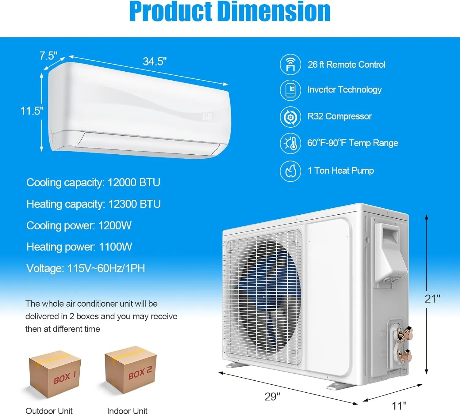 GLACER 12000BTU Mini-Split Air Conditioner, 20 SEER2 Mini AC Unit W/Pre-Charged Condenser, Heat Pump & Installation Kit, Cools up to 750 Sq. Ft, Ductless Inverter AC Split-System, 115V, White