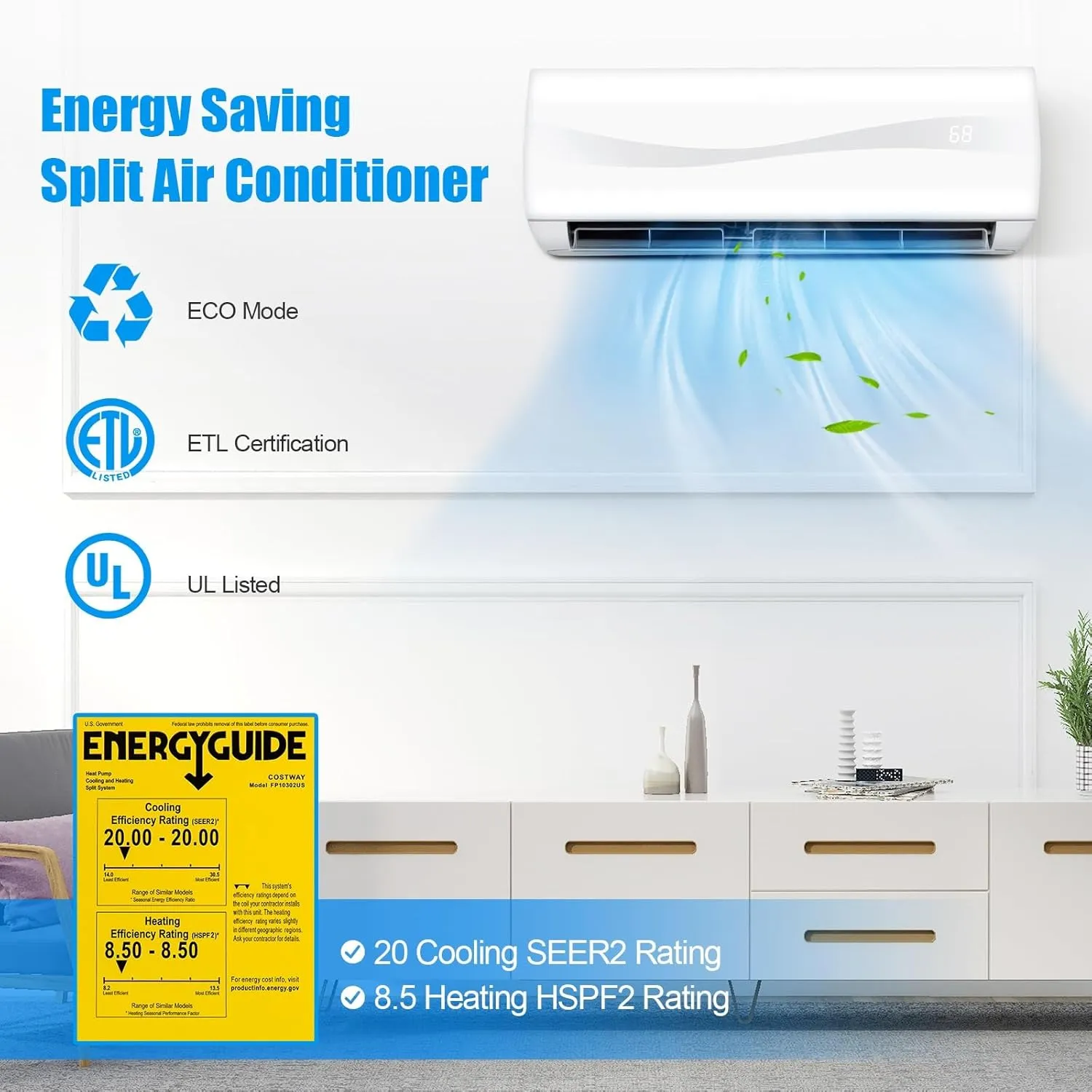 GLACER 12000BTU Mini-Split Air Conditioner, 20 SEER2 Mini AC Unit W/Pre-Charged Condenser, Heat Pump & Installation Kit, Cools up to 750 Sq. Ft, Ductless Inverter AC Split-System, 115V, White