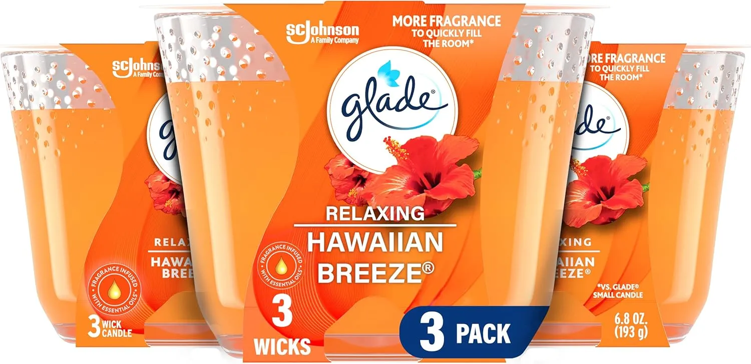 Glade Hawaiian Breeze 3-Wick Air Freshener Candle, Infused with Essential Oils, 6.8 Oz, 3 Count