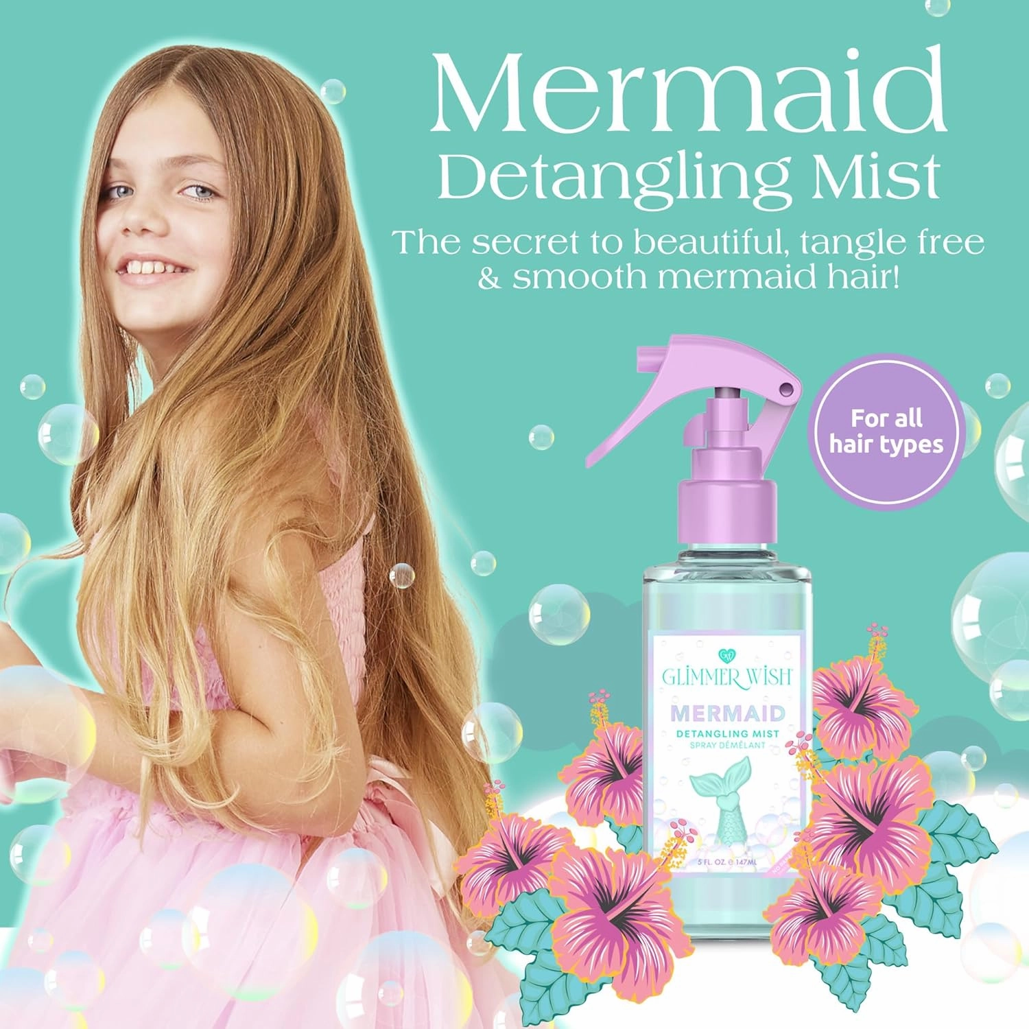 Glimmer Wish Mermaid Hair Detangler Spray – Leave-In Conditioner for Kids & Women, Tangle-Free Hair Care, Detangling Spray, 5 fl oz