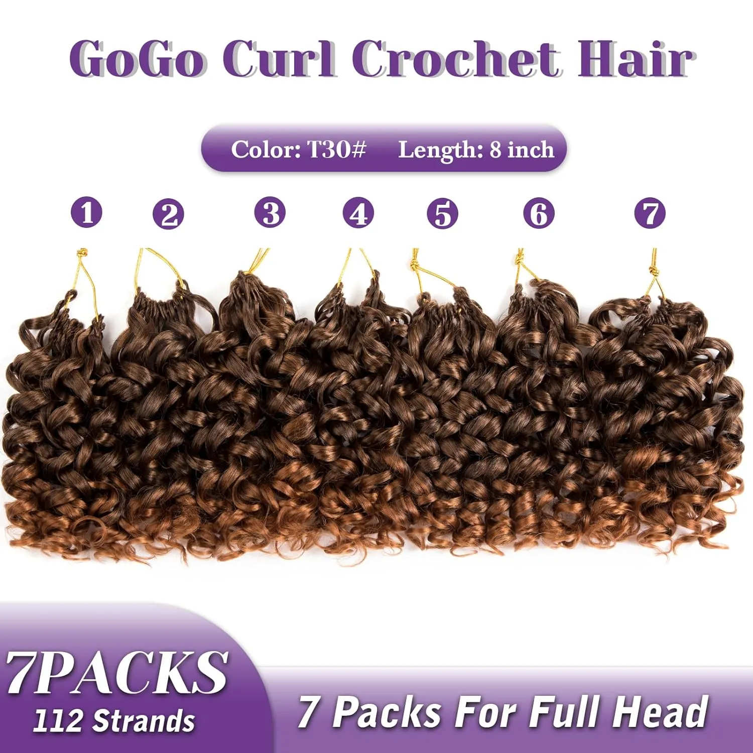 GoGo Curl Crochet Hair Ombre Brown Curly Braids for Women 8 Inch 7 Packs Short Beach Ocean Deep Twist Synthetic Extensions T30#