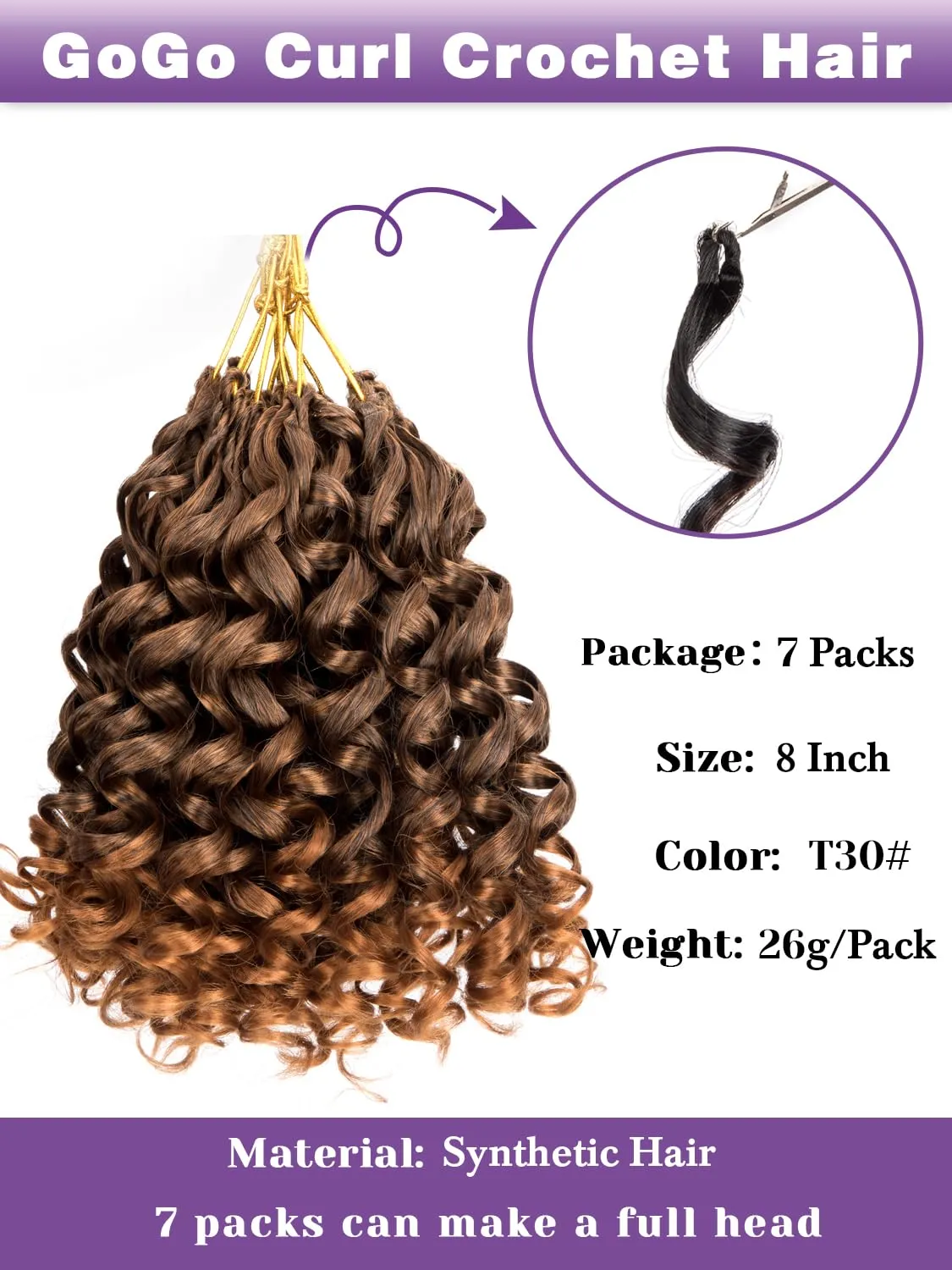 GoGo Curl Crochet Hair Ombre Brown Curly Braids for Women 8 Inch 7 Packs Short Beach Ocean Deep Twist Synthetic Extensions T30#