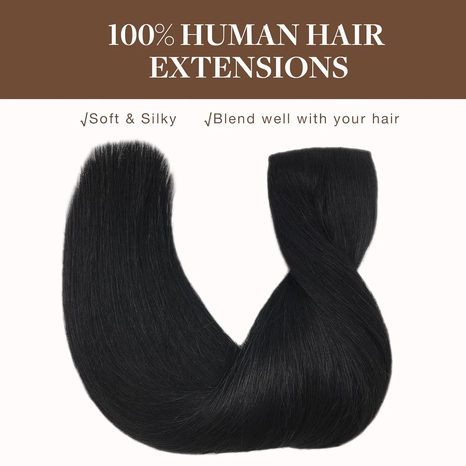 GOO GOO Wire Hair Extensions Human Hair, 1 Jet black Natural 16inch 95g, Invisible Wire Hair Extensions with Transparent, Seamless Fish Line Hairpiece