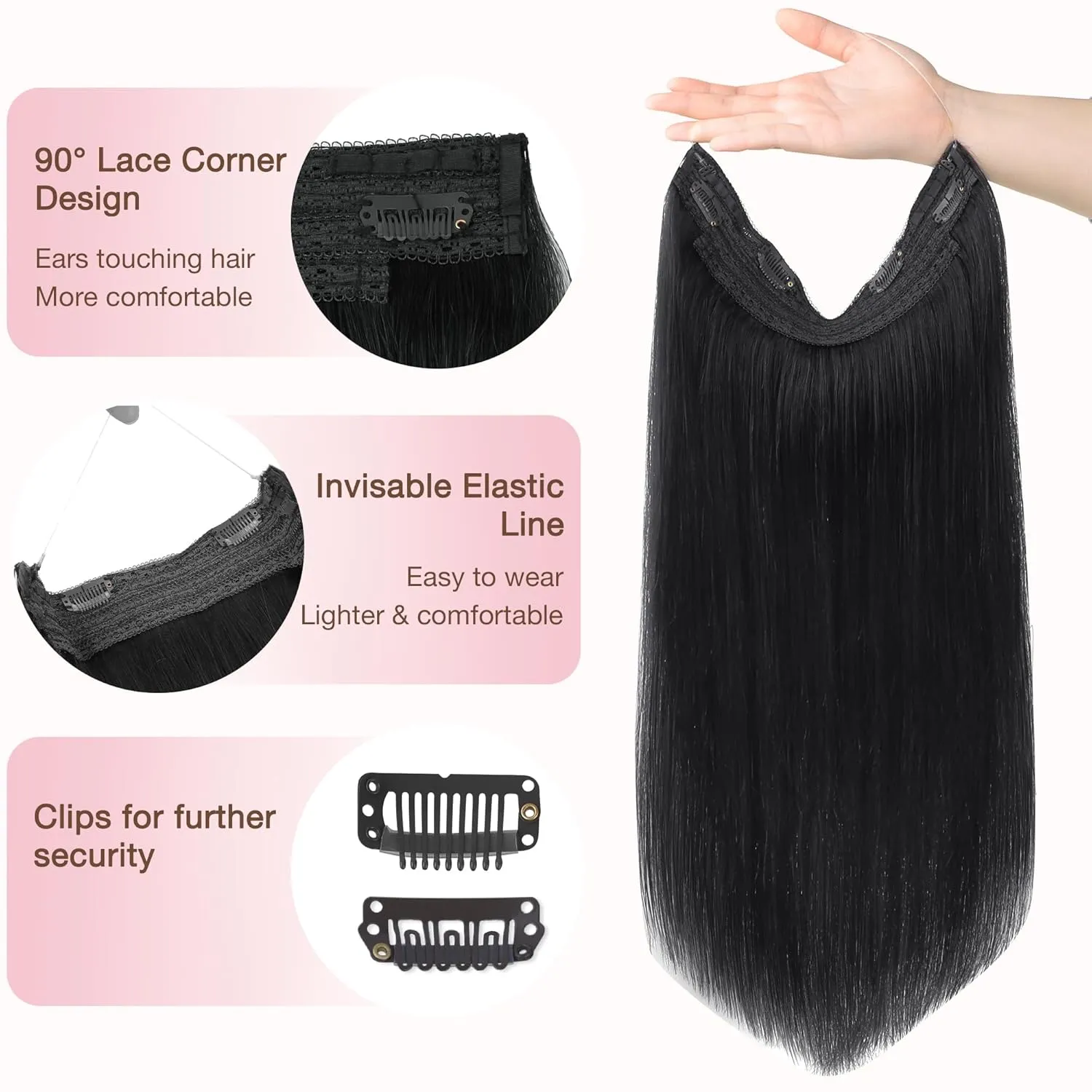 GOO GOO Wire Hair Extensions Human Hair, 1 Jet black Natural 16inch 95g, Invisible Wire Hair Extensions with Transparent, Seamless Fish Line Hairpiece