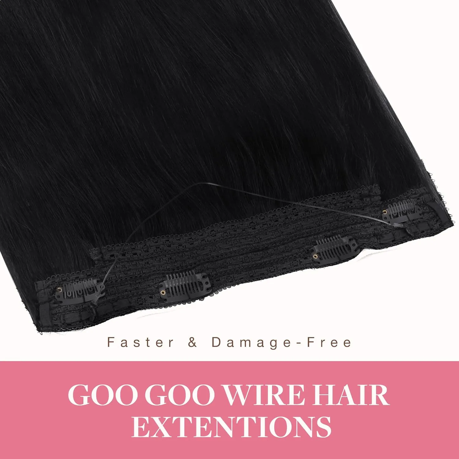 GOO GOO Wire Hair Extensions Human Hair, 1 Jet black Natural 16inch 95g, Invisible Wire Hair Extensions with Transparent, Seamless Fish Line Hairpiece