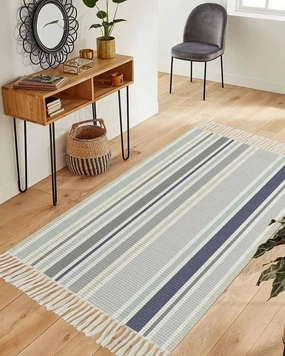 Gray Blue White Runner Rug 3X5 Ft Bedroom Area Rug, Washable Woven Throw Carpet with Tassel, Modern Simple Abstract Stripes Lines Non-Shedding Dining Room Living Room Carpets