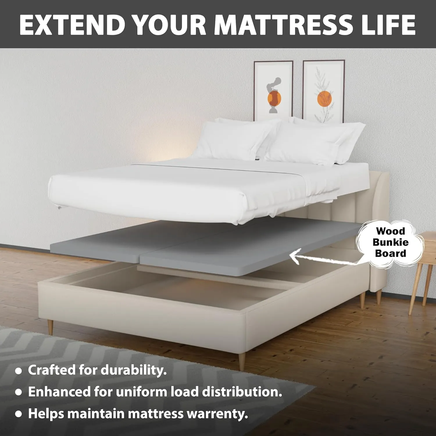 Greaton, Premium 38mm Split Wood Bunkie Board Twin Size Bed-2-Piece Under Mattress Support, Fully Assembled, Fabric Ventilation Cover-Replaces Wooden Slats or Box Spring for Bed Frames, Grey