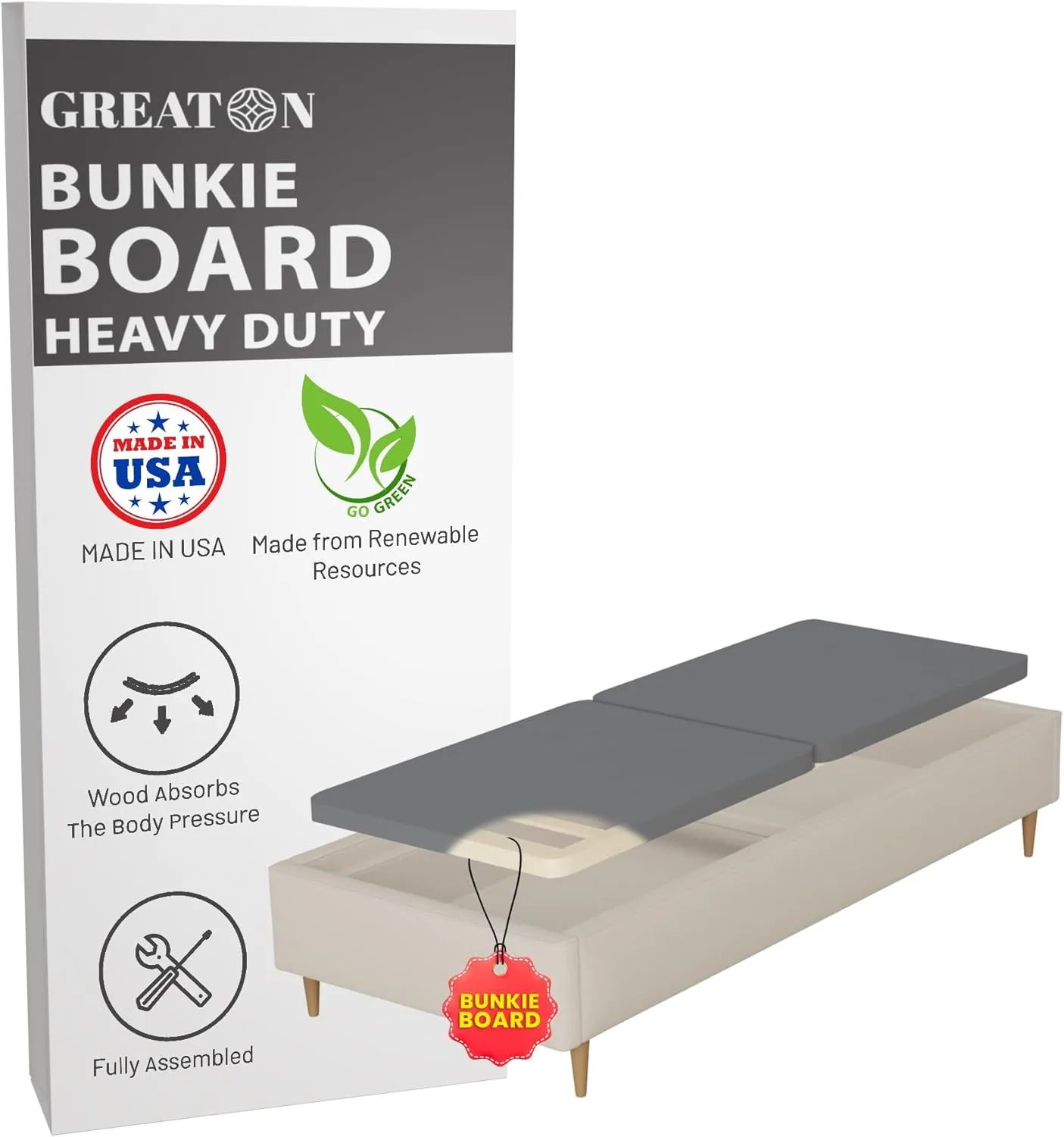 Greaton, Premium 38mm Split Wood Bunkie Board Twin Size Bed-2-Piece Under Mattress Support, Fully Assembled, Fabric Ventilation Cover-Replaces Wooden Slats or Box Spring for Bed Frames, Grey