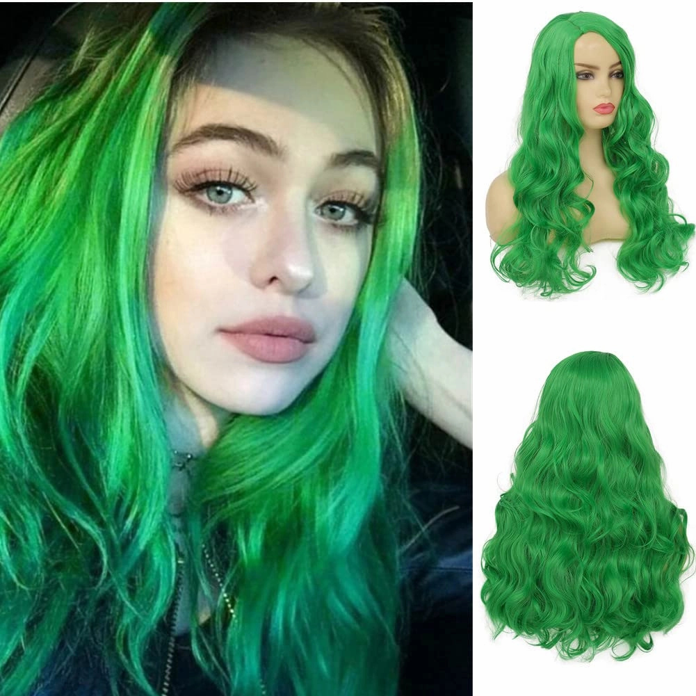 Green Wig for Women Long Curly Wavy Wigs Side Part Wavy Hair Cosplay Costume Synthetic Hair Wigs for Female