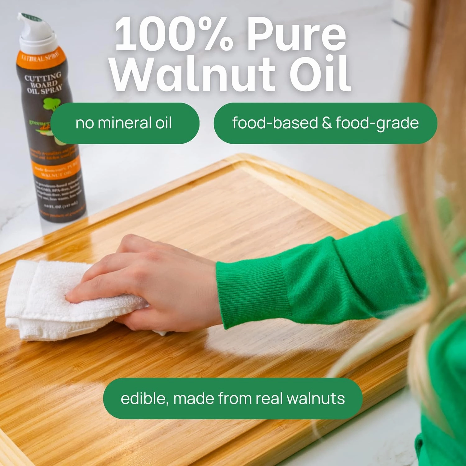 GREENER CHEF Organic Premium Italian Food-Grade Walnut Oil Spray & Butcher Block Conditioner - 100% Walnut Oil for Bamboo Chopping Boards - Aerosol-Free, Made in Italy
