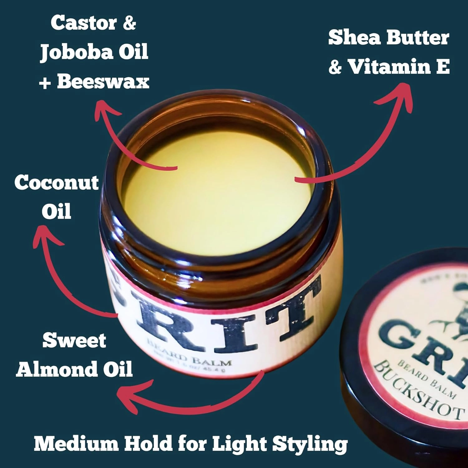 GRIT Beard Balm Buckshot (1.6 oz) | All Natural | Styles, Strengthens & Softens Beards & Mustaches | Moisturizes Skin | Leave in Conditioner Wax for Men
