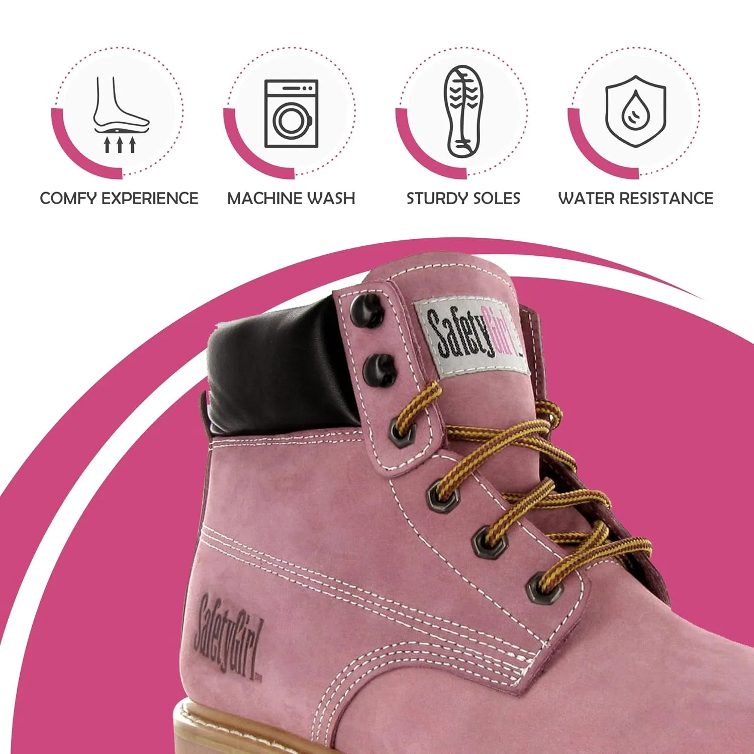 GS003-Lt Pink-5W Steel Toe Work Boots - Light Pink - 5W, English, Capacity, Volume, Leather, 5W, Pink ()