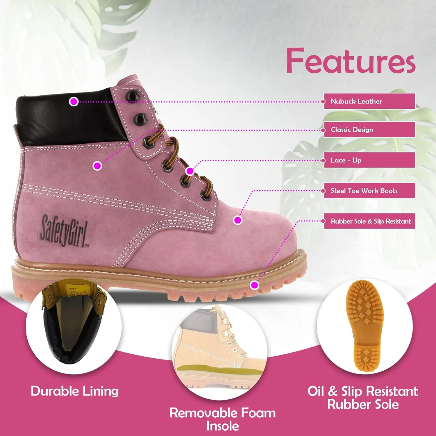 GS003-Lt Pink-5W Steel Toe Work Boots - Light Pink - 5W, English, Capacity, Volume, Leather, 5W, Pink ()