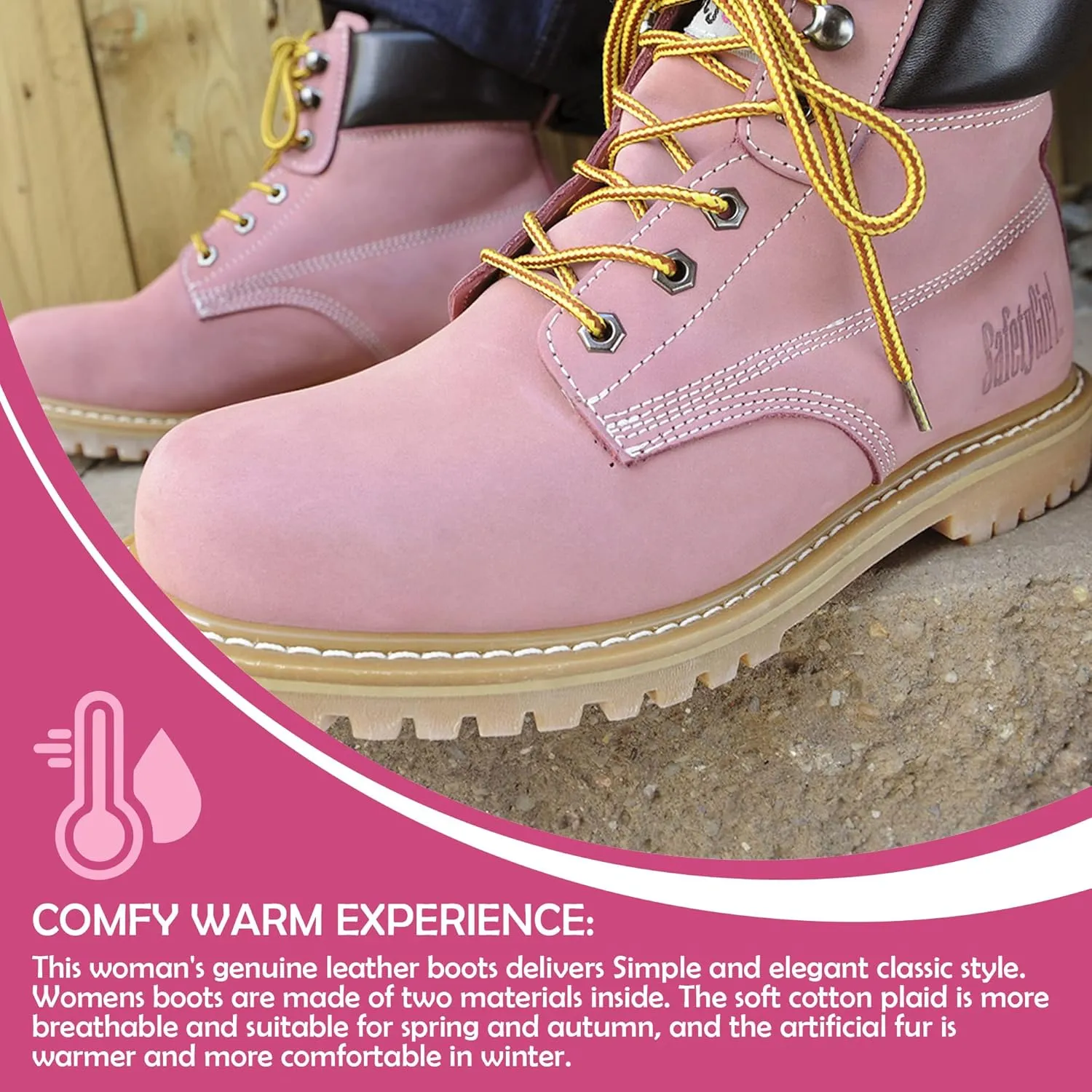 GS003-Lt Pink-5W Steel Toe Work Boots - Light Pink - 5W, English, Capacity, Volume, Leather, 5W, Pink ()
