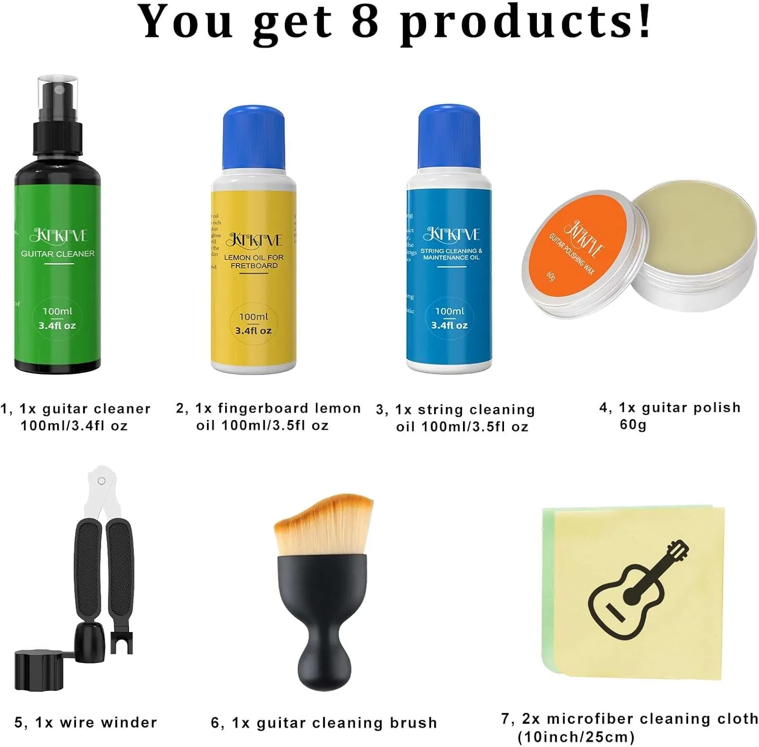 Guitar Cleaning Kit – 8-Pack Complete Care Set with Innovative Sponge Applicator | Guitar Cleaner, Lemon Oil(fretboard oil), Polish Wax, String Cleaner, Winder, Brush & Microfiber Cloth