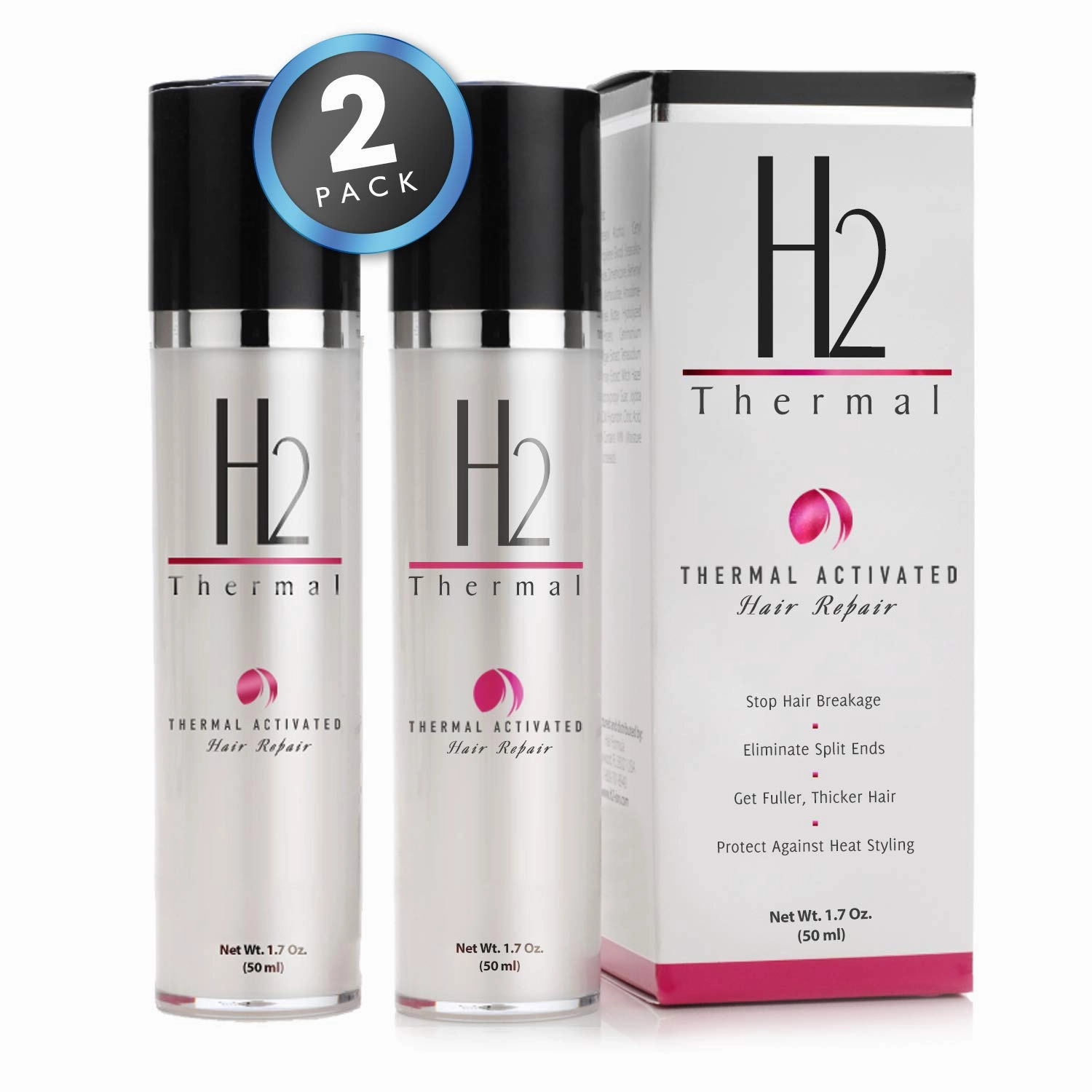 H2Thermal Heat Activated Hair Repair - Leave in Moisturizing Treatment with Thermal Protection - Color Safe (2 PACK - 50ml each)