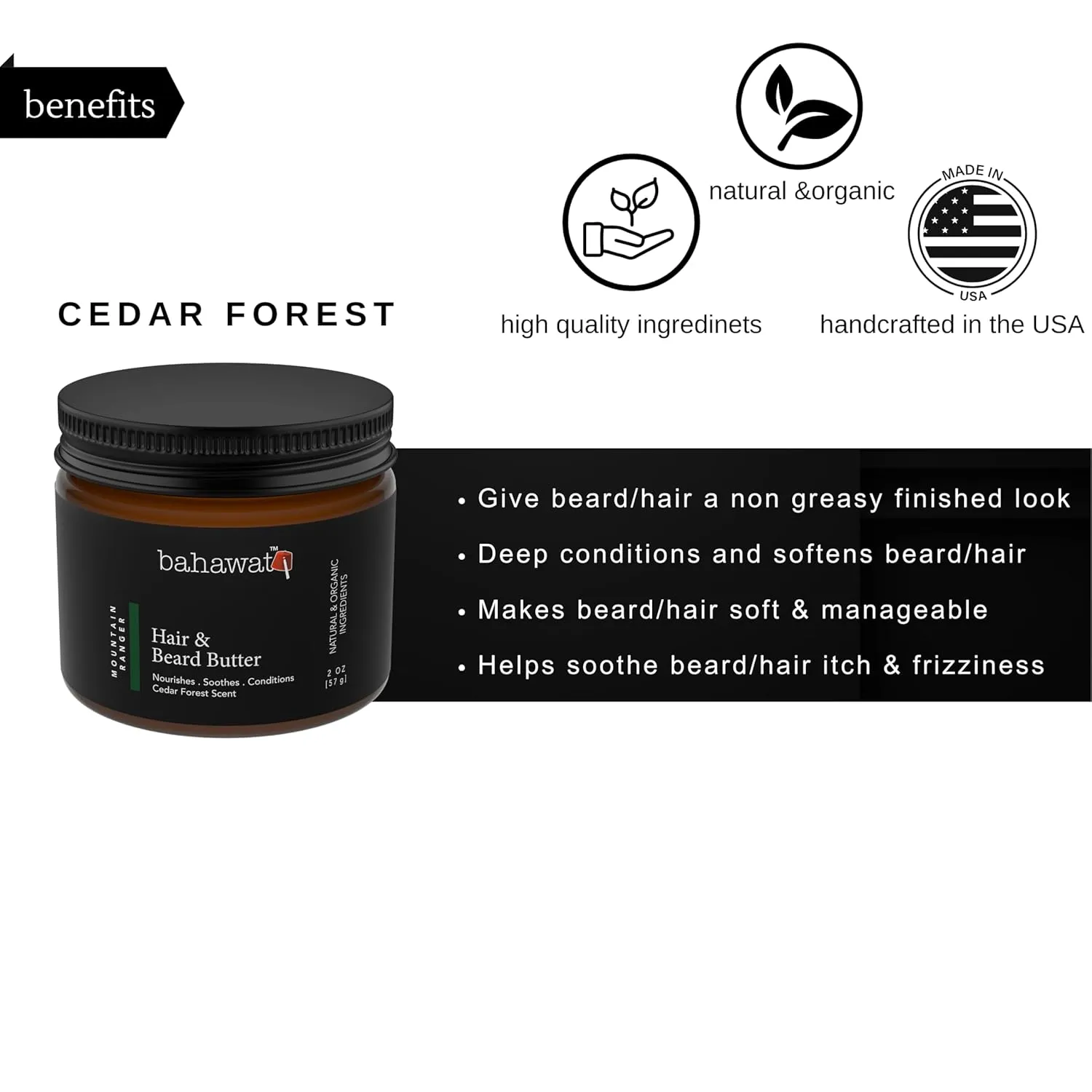 Hair & Beard Butter -Cedar Forest - Strengthen & Soften Leave in Conditioner – Natural Ingredients | The Best Beard Butter- 2oz- packaging may vary