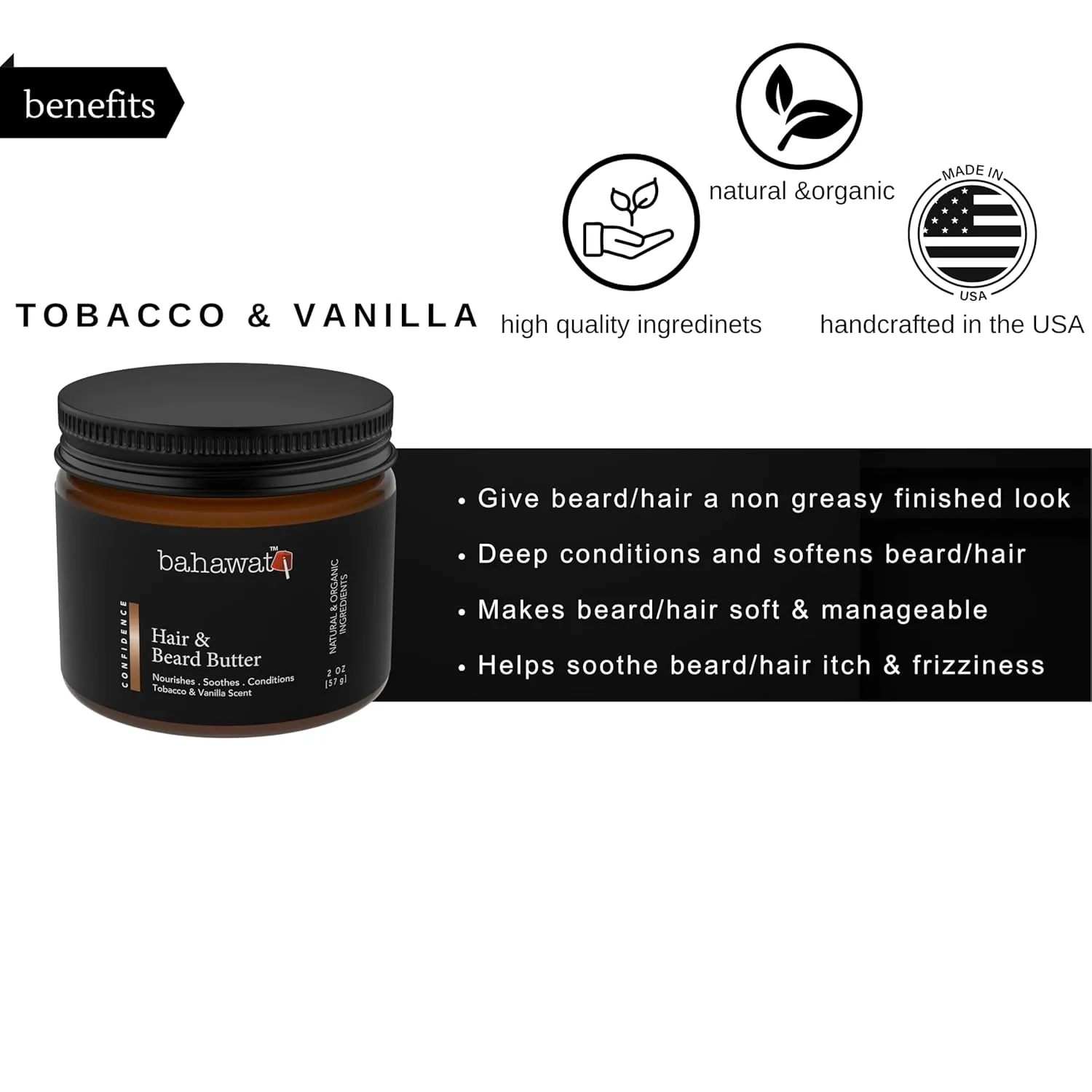 Hair & Beard Butter for Men Leave-in Conditioner - Tobacco & Vanilla - Strengthen & Soften While Relieving Itch – Made in USA -Organic Natural Ingredients | The Best Beard Butter - 2 oz.