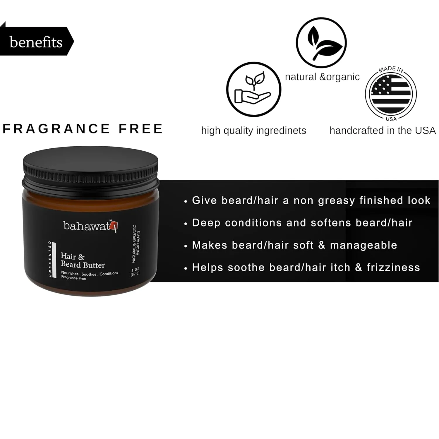 Hair & Beard Butter for Men Leave-in Conditioner - Unscented - Strengthen & Soften – Made in USA - Natural Ingredients | The Best Beard Butter -2 oz