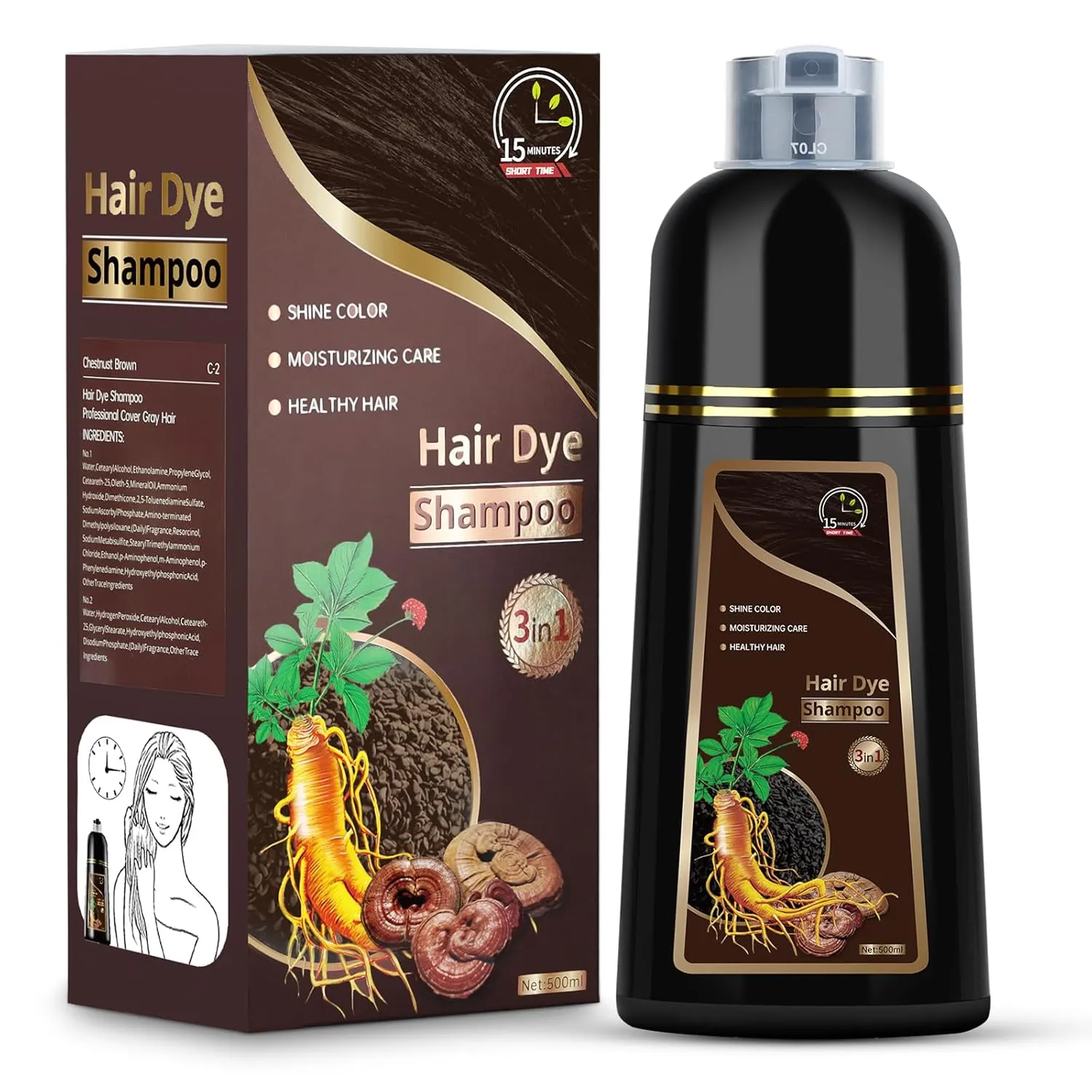 Hair Dye Shampoo for Gray Hair, 3 in 1 Herbal Shampoo Hair Dye for Women Men, Hair Color Shampoo 500ml (Chestnut)