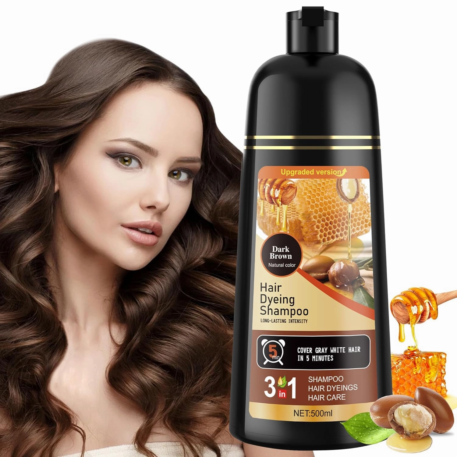 Hair Dye Shampoo 3 in 1 for Women & Men 100% Gray Hair Coverage - Herbal Ingredients Natural Plant Hair Color - Hair Dye in Minutes 500ML （Dark Brown）