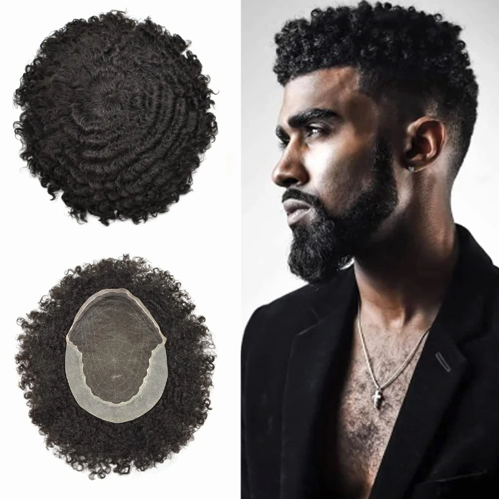 Hair Unit for Black Men Afro Toupee Hair System for Black Men HD Lace Brazilian Real Human Hair Toupee Transparent Afro Hair Piece 8X10 8MM #1B OFF BLACK