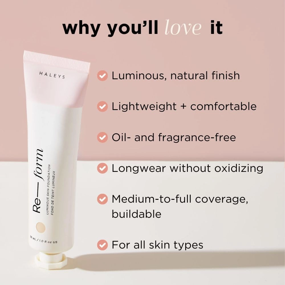 HALEYS Re-form Luminous Skin Foundation, VEGAN   CRUELTY-FREE, Blurs, Conceals, Blendable, Buildable Med-to-Full Coverage, Weightless, Oil-free, All-Day Wear, Hyaluronic Acid, All skin types (3.25)