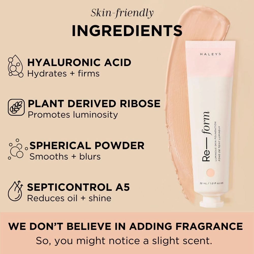 HALEYS Re-form Luminous Skin Foundation, VEGAN   CRUELTY-FREE, Blurs, Conceals, Blendable, Buildable Med-to-Full Coverage, Weightless, Oil-free, All-Day Wear, Hyaluronic Acid, All skin types (3.25)