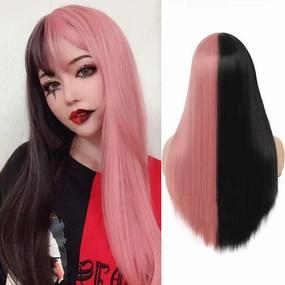 Half Black Half Pink Wigs with Bangs for Women Long Straight Halloween Party of Women Wig Synthetic Anime Cosplay Hair Wigs
