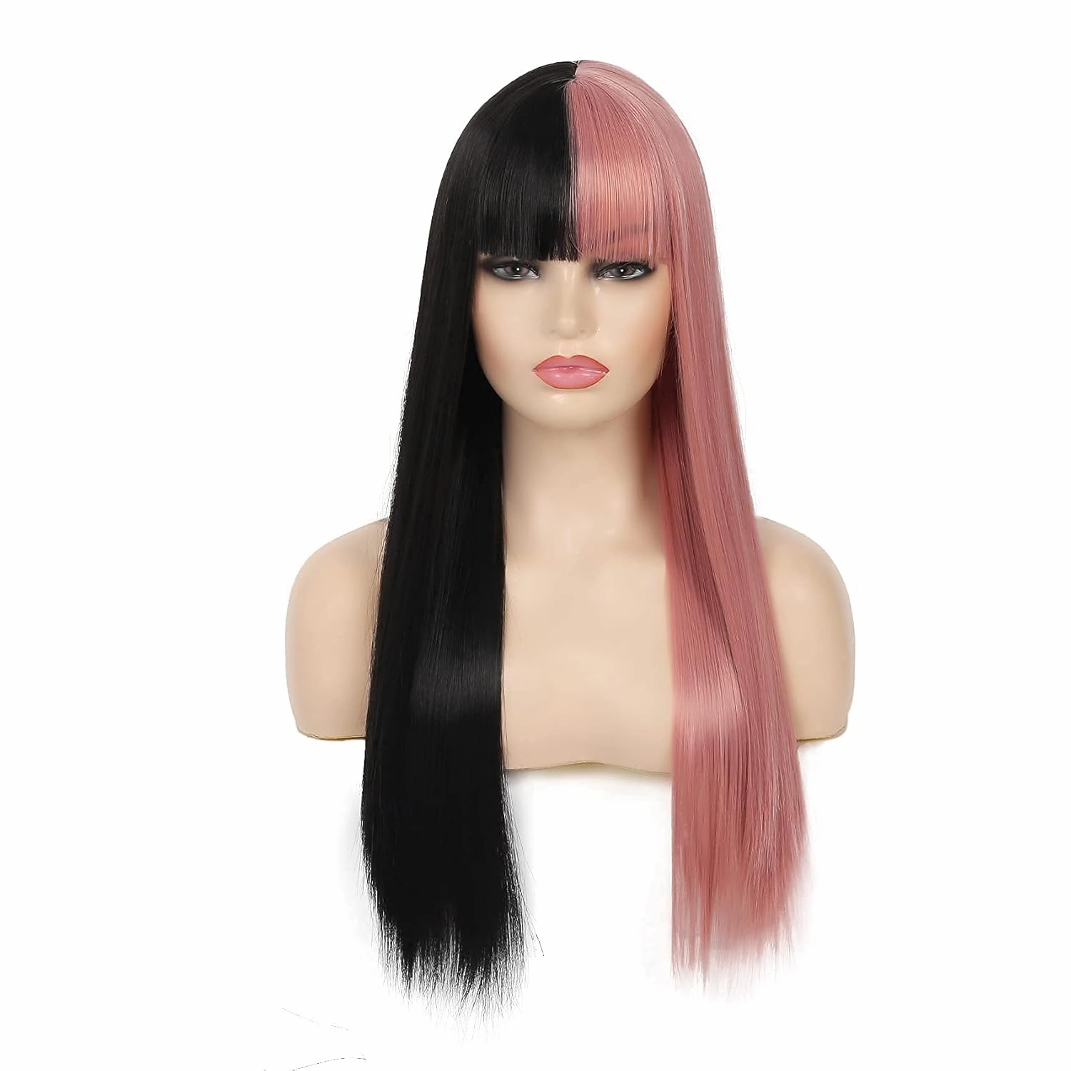Half Black Half Pink Wigs with Bangs for Women Long Straight Halloween Party of Women Wig Synthetic Anime Cosplay Hair Wigs