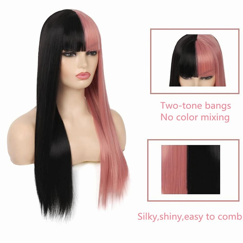 Half Black Half Pink Wigs with Bangs for Women Long Straight Halloween Party of Women Wig Synthetic Anime Cosplay Hair Wigs