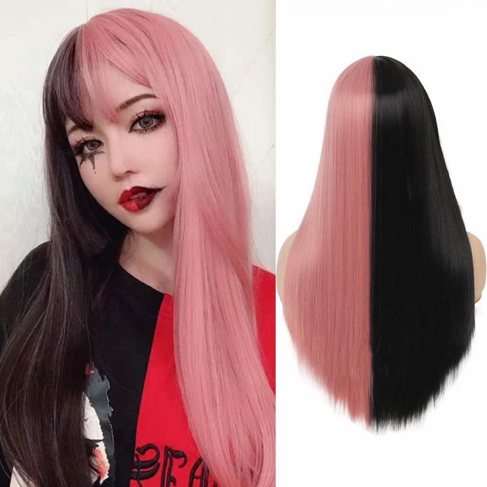 Half Black Half Pink Wigs with Bangs for Women Long Straight Halloween Party of Women Wig Synthetic Anime Cosplay Hair Wigs