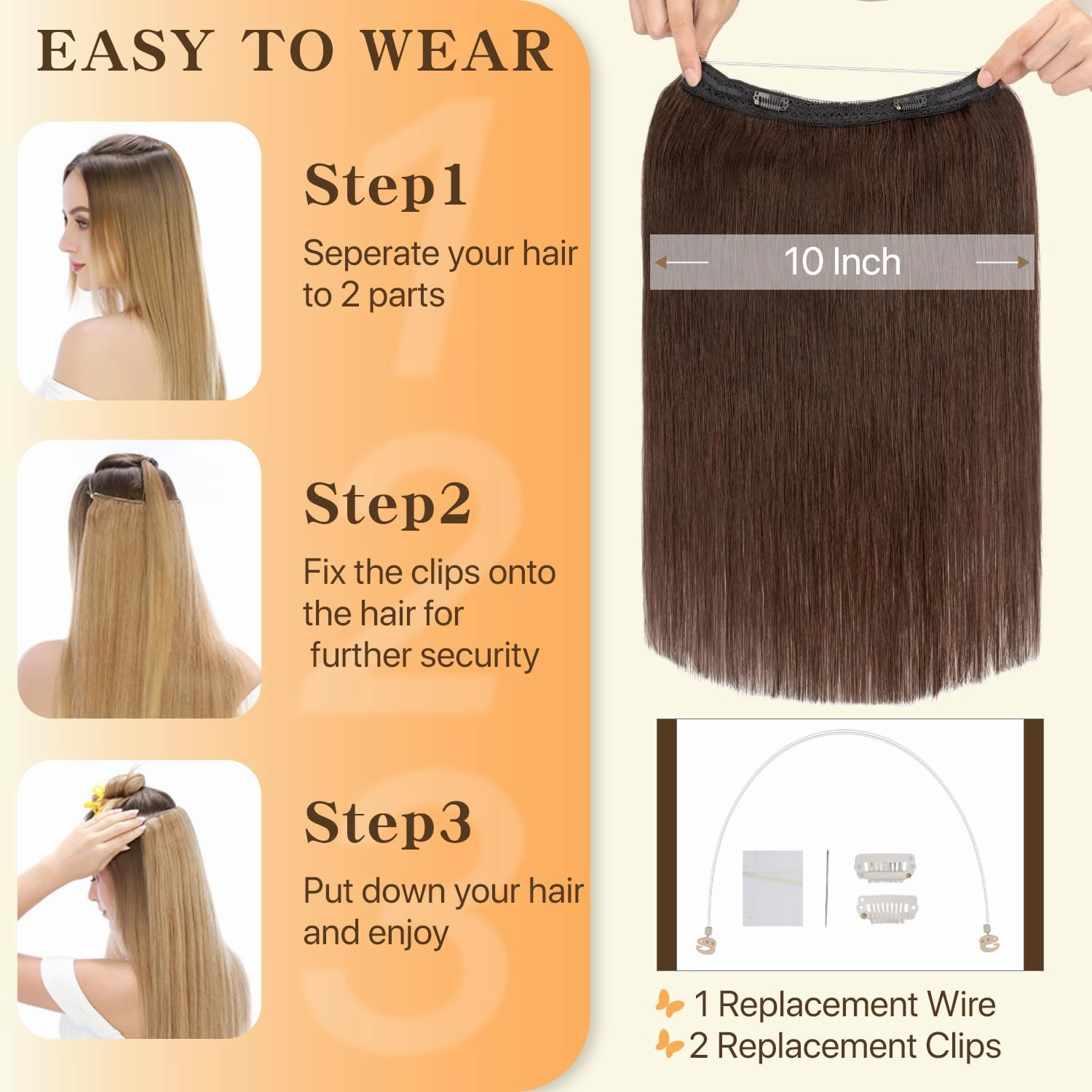 Halo Hair Extensions Long Straight, 100% Real Human Hair, Invisible Wire Extensions for Women,55g,12 Inch,#02 Dark Brown