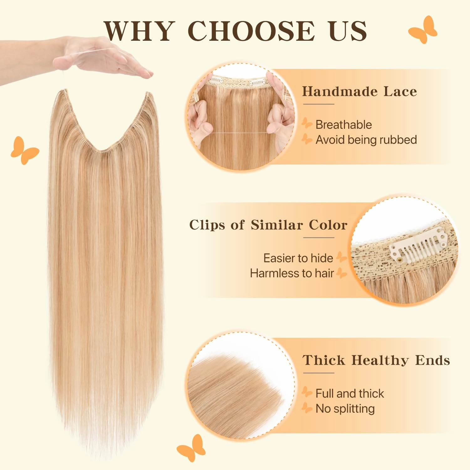 Halo Hair Extensions Long Straight, 100% Real Human Hair, Invisible Wire Extensions for Women,65g,16 Inch,#12P613 Golden Brown Mixed Bleach Blonde