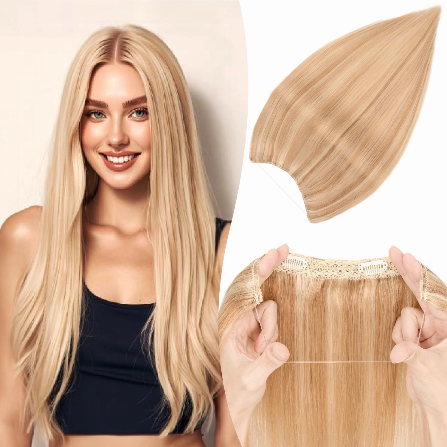 Halo Hair Extensions Long Straight, 100% Real Human Hair, Invisible Wire Extensions for Women,65g,16 Inch,#12P613 Golden Brown Mixed Bleach Blonde