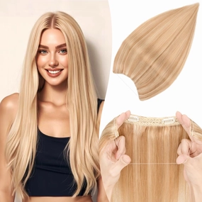 Halo Hair Extensions Long Straight, 100% Real Human Hair, Invisible Wire Extensions for Women,65g,16 Inch,#12P613 Golden Brown Mixed Bleach Blonde