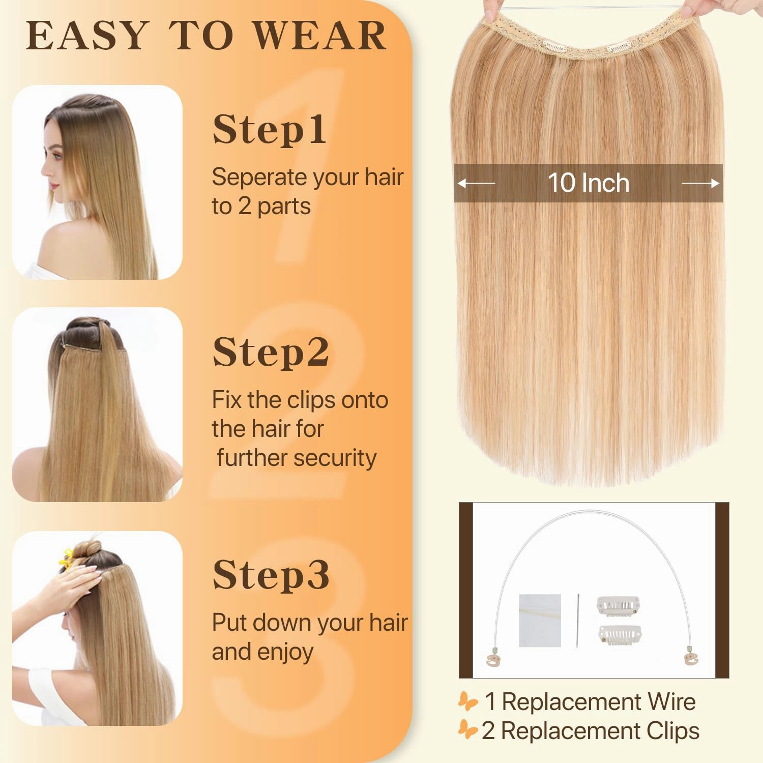 Halo Hair Extensions Long Straight, 100% Real Human Hair, Invisible Wire Extensions for Women,65g,16 Inch,#12P613 Golden Brown Mixed Bleach Blonde
