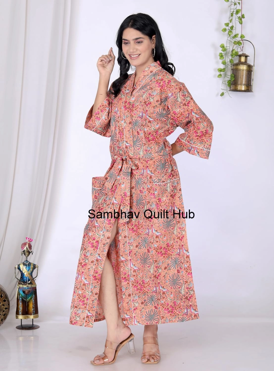 Handmade Floral print design Sleepwear Beach Cover up Cotton Bath Robes Long Kimono Women Cardigan Nightgown (US, Numeric, 48, 52, Regular, Regular, Peach)