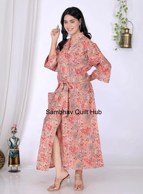 Handmade Floral print design Sleepwear Beach Cover up Cotton Bath Robes Long Kimono Women Cardigan Nightgown (US, Numeric, 48, 52, Regular, Regular, Peach)