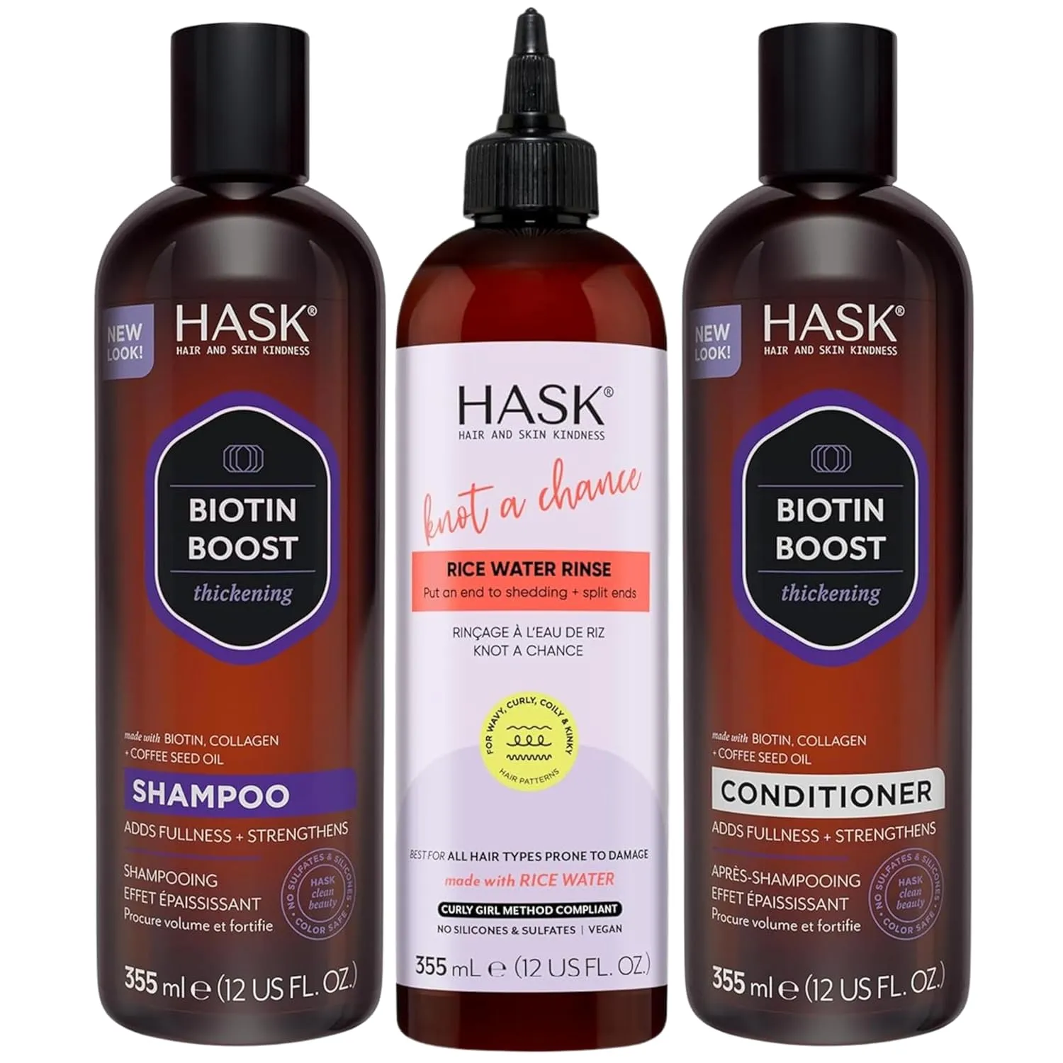 HASK Strength & Volume Hair Bundle – Biotin Boost Thickening Shampoo   Conditioner Set with Knot A Chance Rice Water Rinse