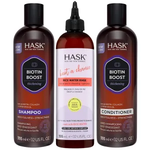 HASK Strength & Volume Hair Bundle – Biotin Boost Thickening Shampoo   Conditioner Set with Knot A Chance Rice Water Rinse