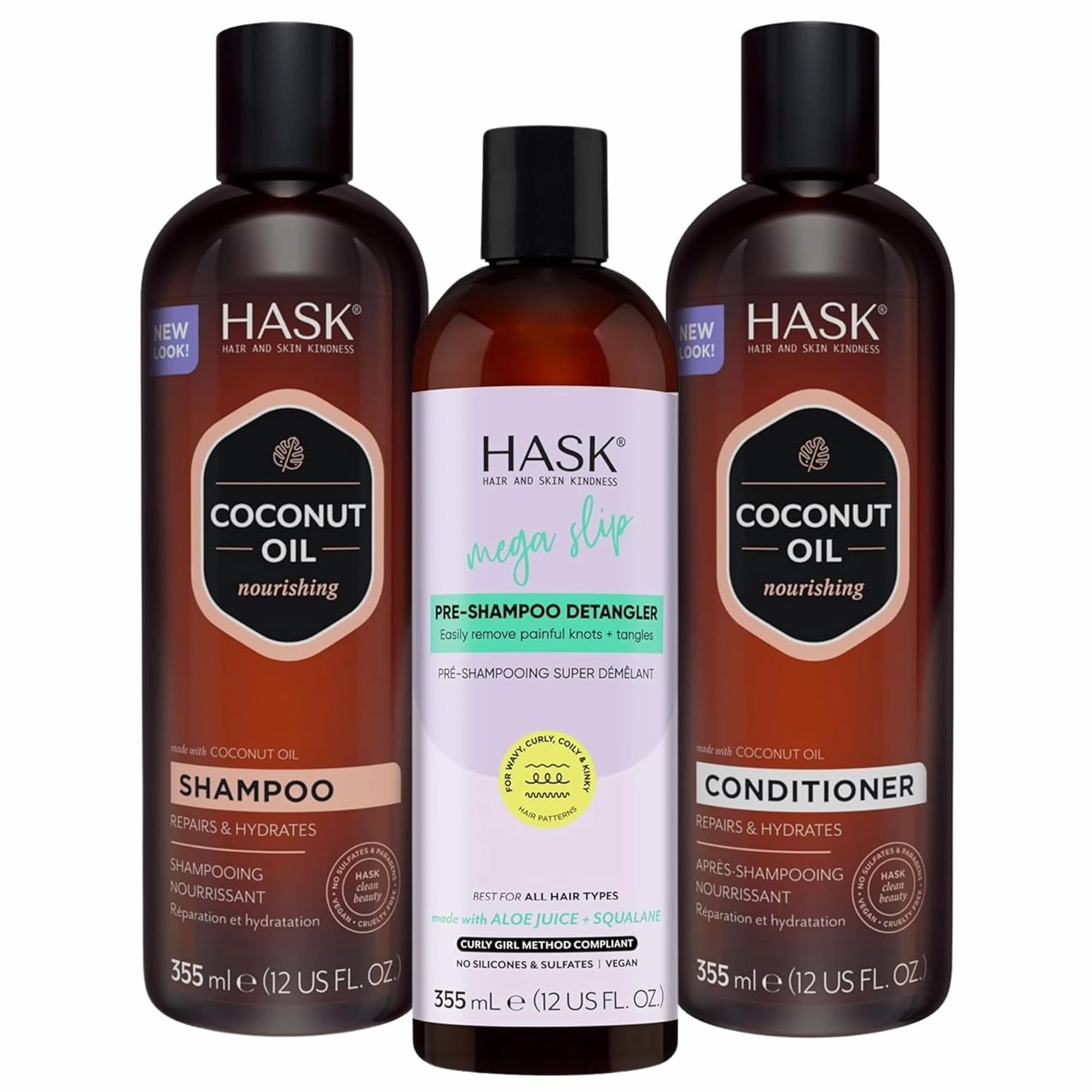 HASK Coconut Hair Care Bundle – Nourishing Shampoo   Conditioner Set with Mega Slip Pre-Shampoo Detangler