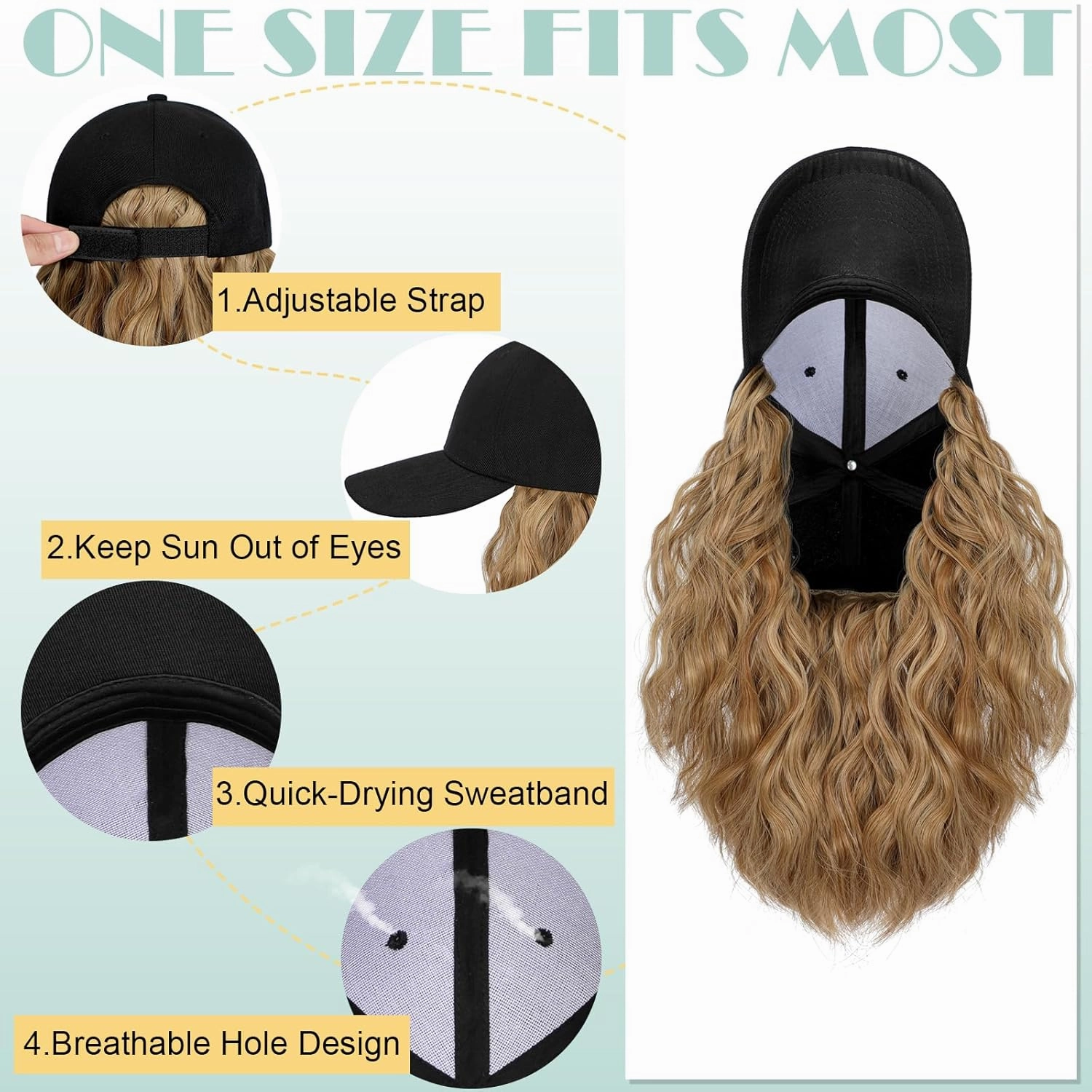 Hat Wig for Women Baseball Cap with Hair Extensions Adjustable Hat Attached 15" Short Curly Hairpieces Synthetic Wig Ash Blonde Mix Ginger Brown