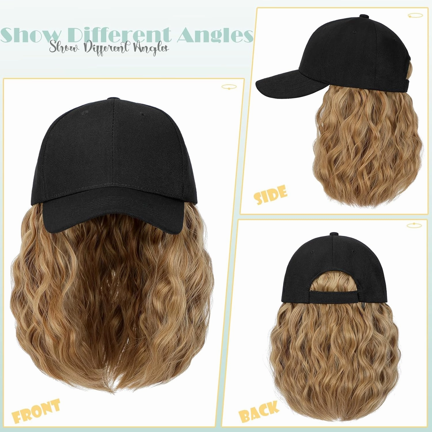 Hat Wig for Women Baseball Cap with Hair Extensions Adjustable Hat Attached 15" Short Curly Hairpieces Synthetic Wig Ash Blonde Mix Ginger Brown