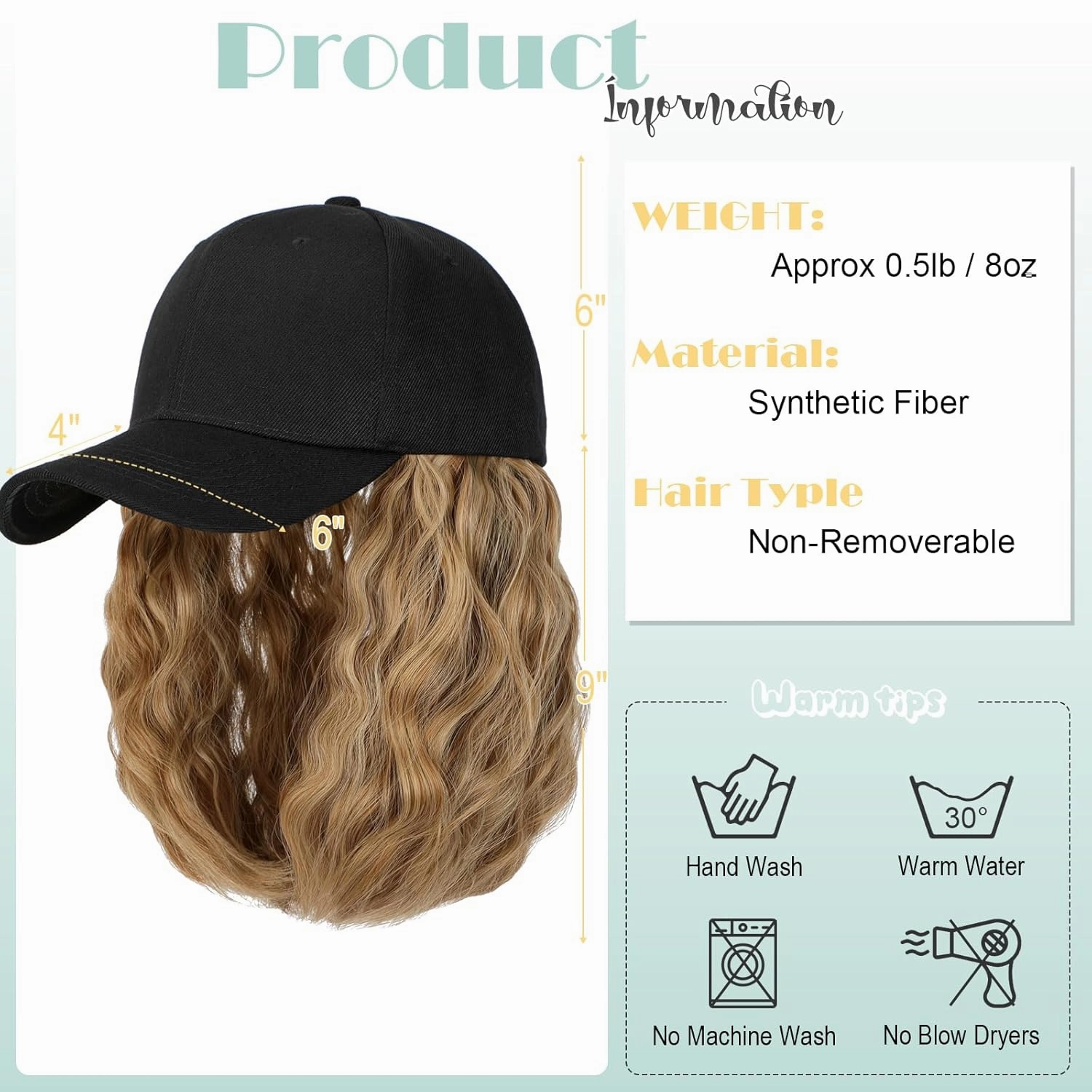 Hat Wig for Women Baseball Cap with Hair Extensions Adjustable Hat Attached 15" Short Curly Hairpieces Synthetic Wig Ash Blonde Mix Ginger Brown
