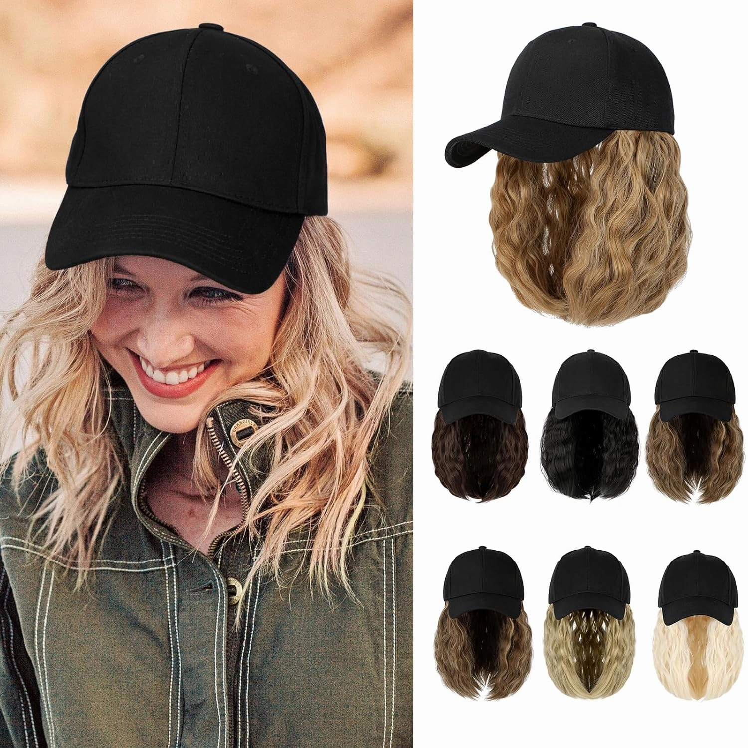 Hat Wig for Women Baseball Cap with Hair Extensions Adjustable Hat Attached 15" Short Curly Hairpieces Synthetic Wig Ash Blonde Mix Ginger Brown