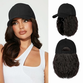 Hat Wig for Women Baseball Cap with Hair Extensions Adjustable Hat Attached 15" Short Curly Hairpieces Synthetic Wig Dark Brown