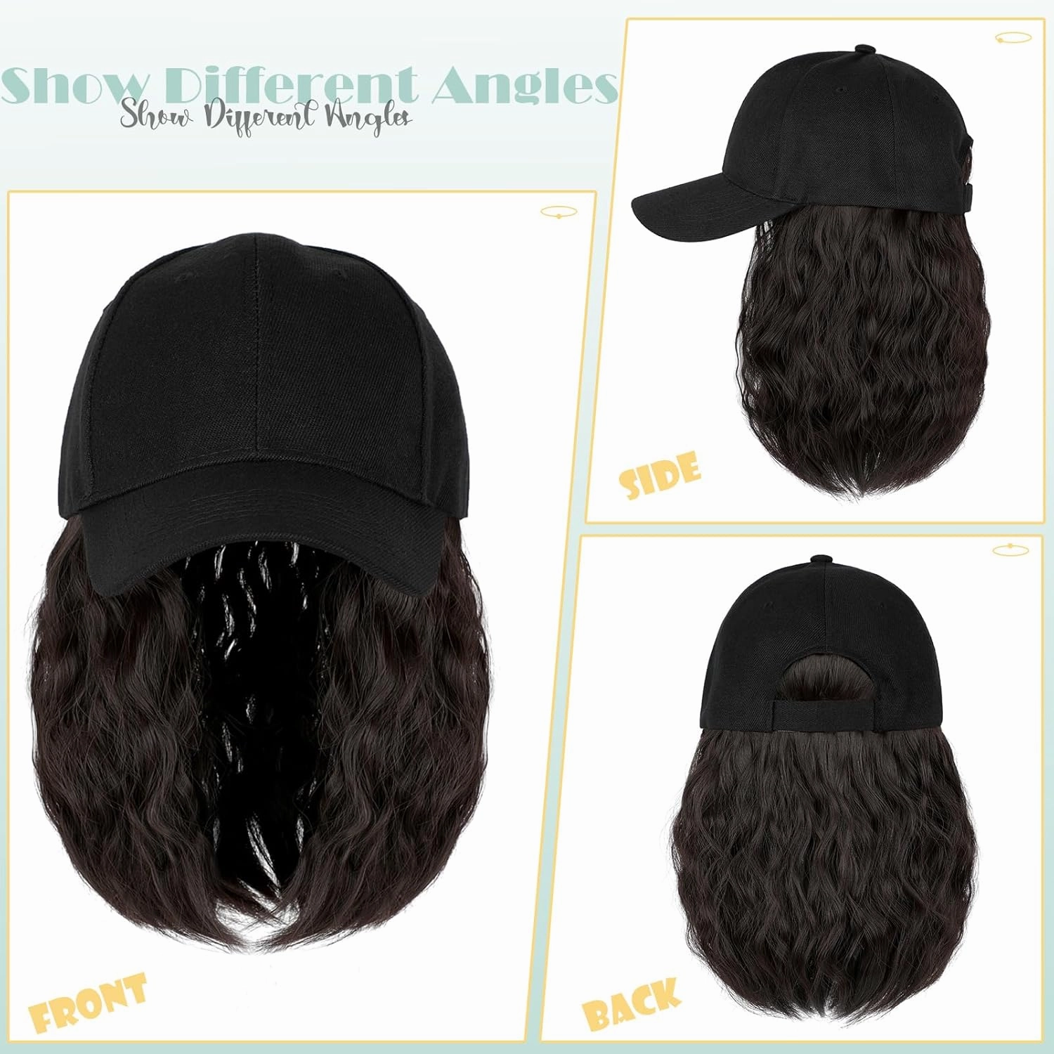 Hat Wig for Women Baseball Cap with Hair Extensions Adjustable Hat Attached 15" Short Curly Hairpieces Synthetic Wig Dark Brown