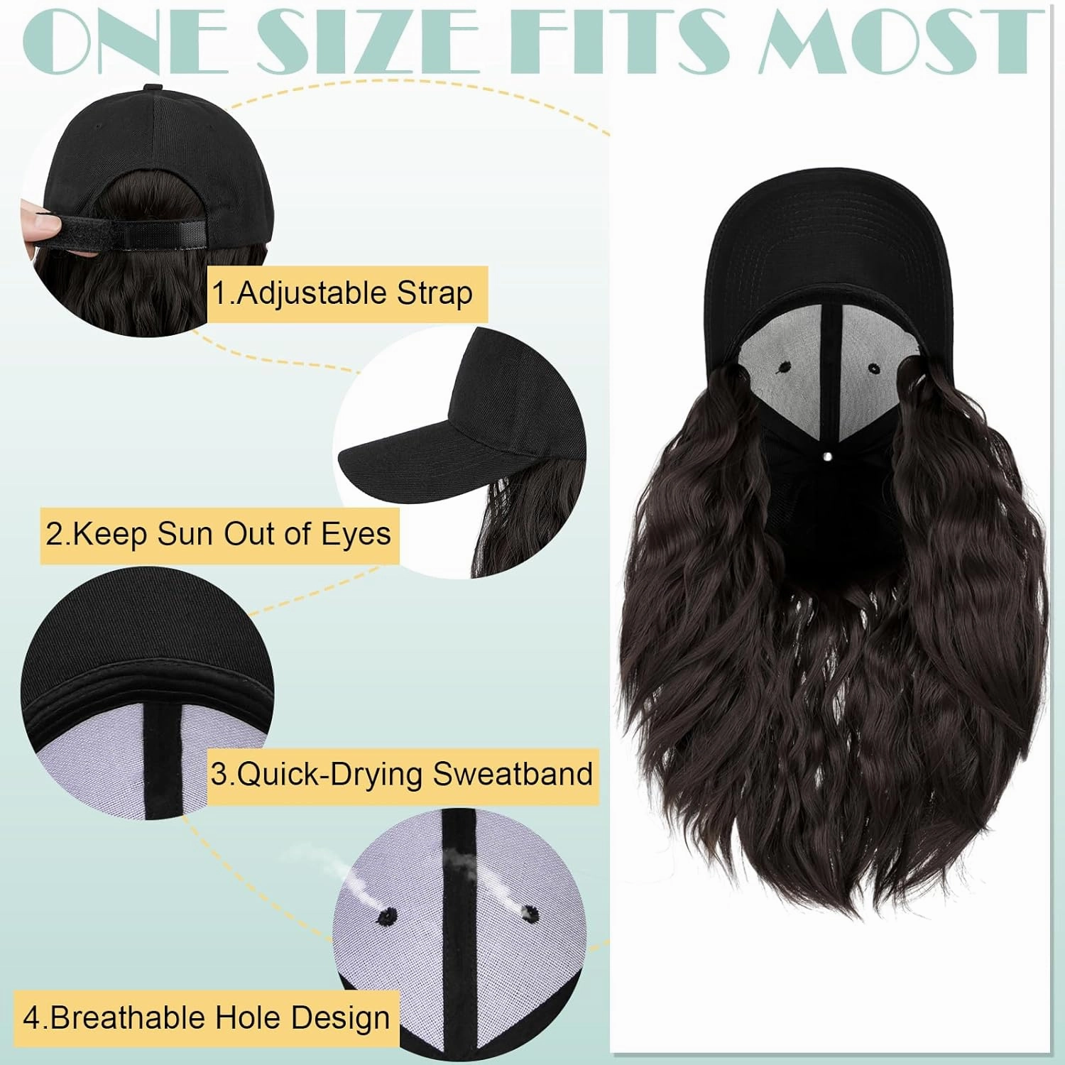 Hat Wig for Women Baseball Cap with Hair Extensions Adjustable Hat Attached 15" Short Curly Hairpieces Synthetic Wig Dark Brown