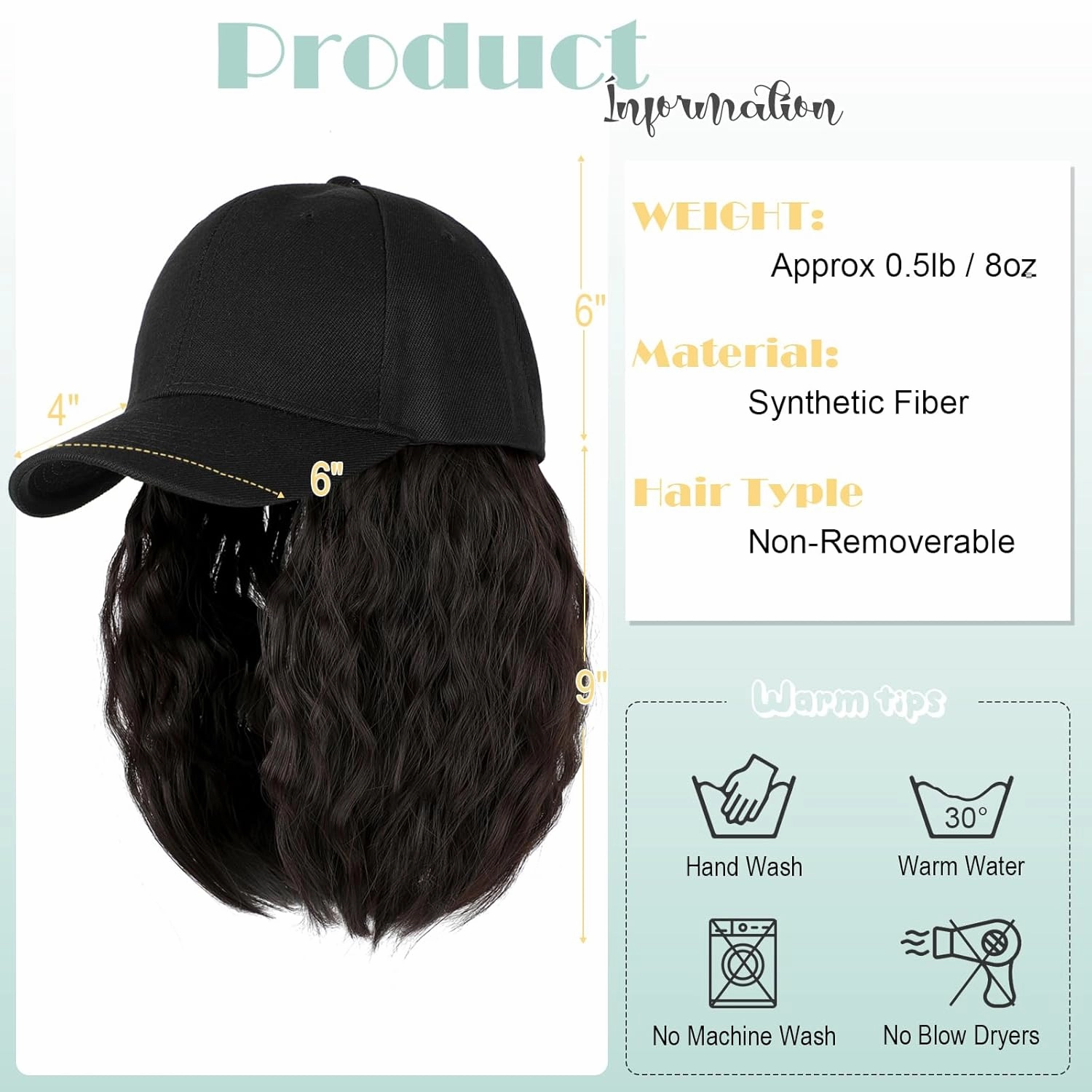Hat Wig for Women Baseball Cap with Hair Extensions Adjustable Hat Attached 15" Short Curly Hairpieces Synthetic Wig Dark Brown